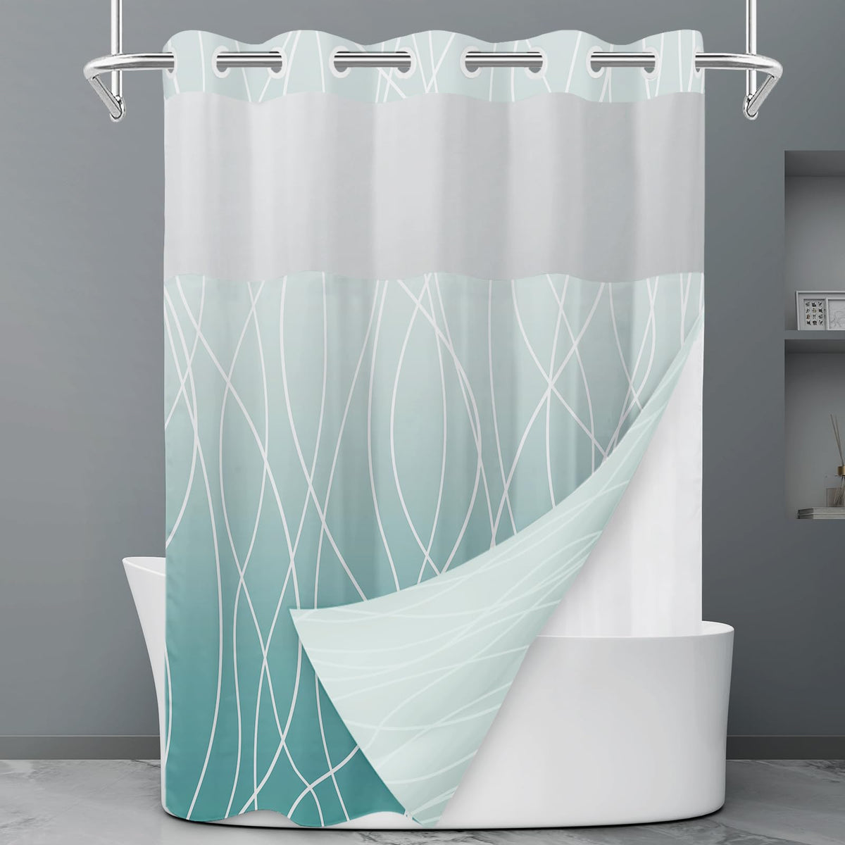 LXBNI Ringless Shower Curtain with Snap-in Liner, Gray White, 71 x 74 Inch