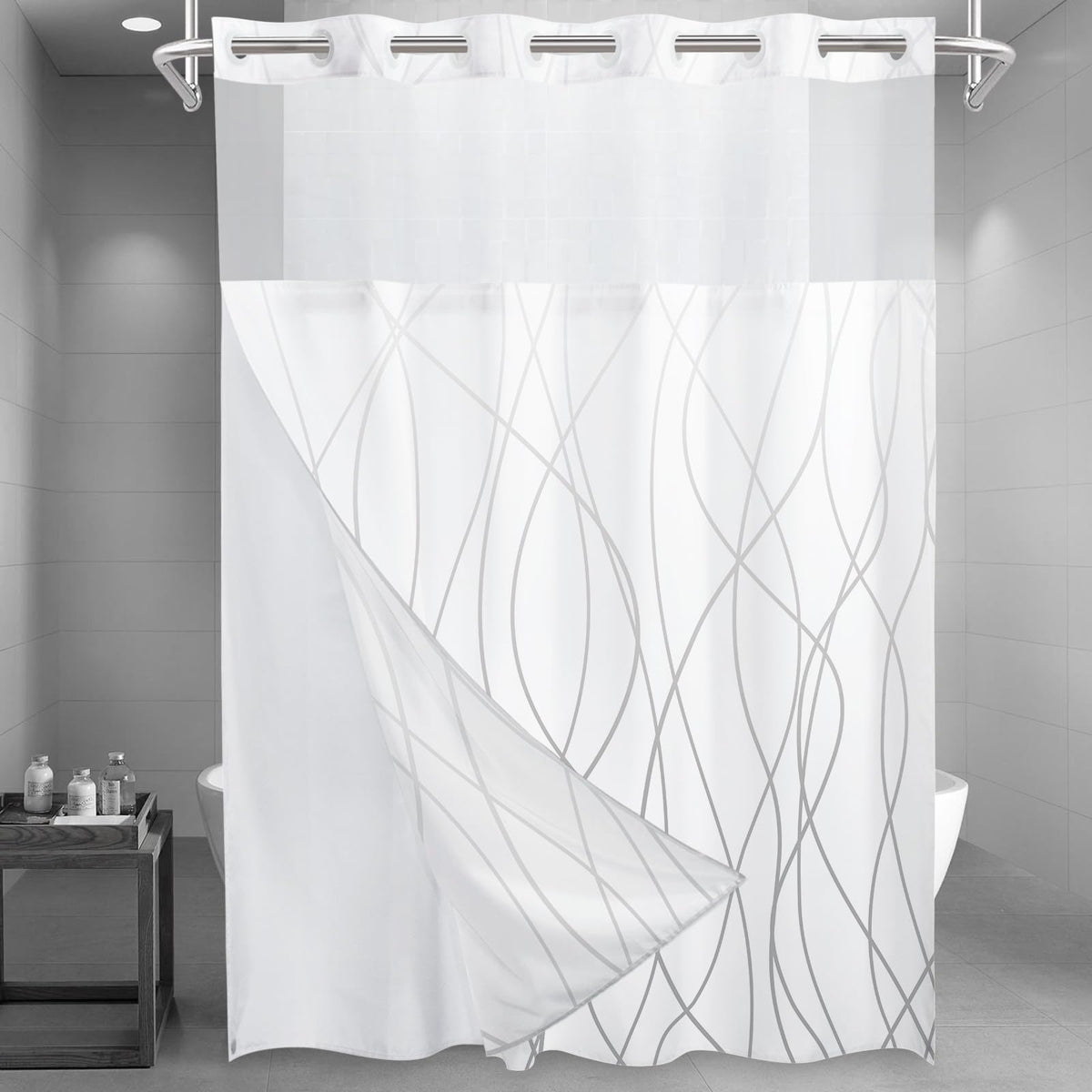 LXBNI Ringless Shower Curtain with Snap-in Liner, Gray White, 71 x 74 Inch