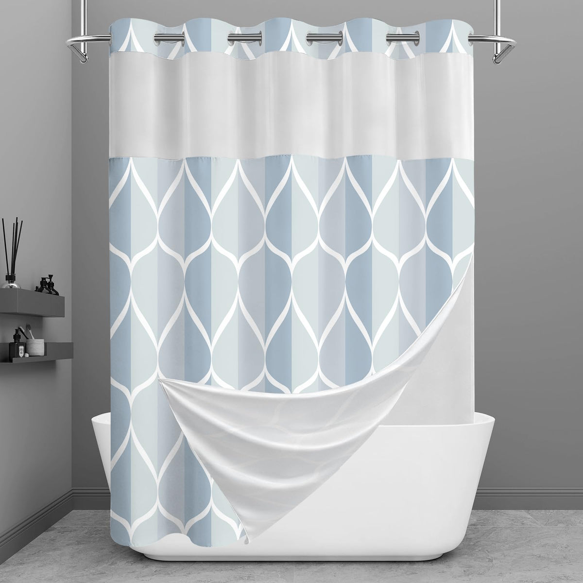 Yiatn Gray Ringless Shower Curtain with Snap-in Liner, 71 x 74 Inch