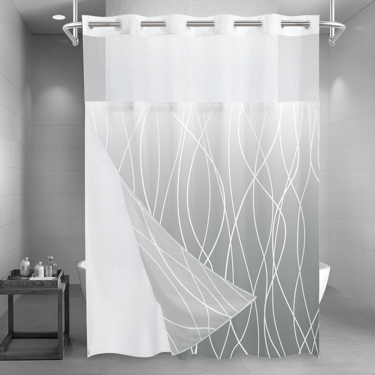LXBNI Ringless Shower Curtain with Snap-in Liner, Gray White, 71 x 74 Inch