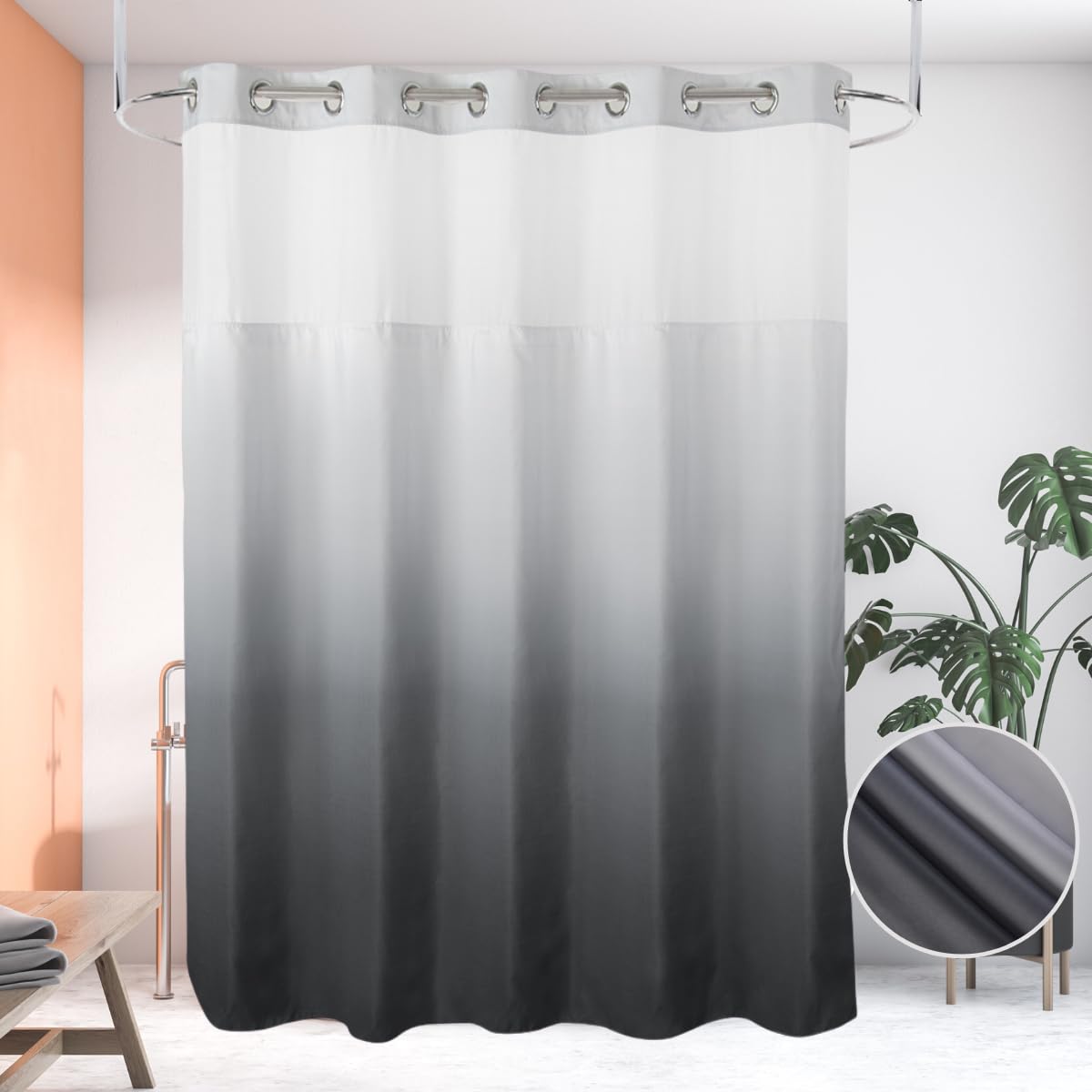 71“W x74”H Heavy Fabric Hook Free Shower Curtain with Polyester Magnet Snap-in Liner–Top See Through with Mesh Window Light Beige