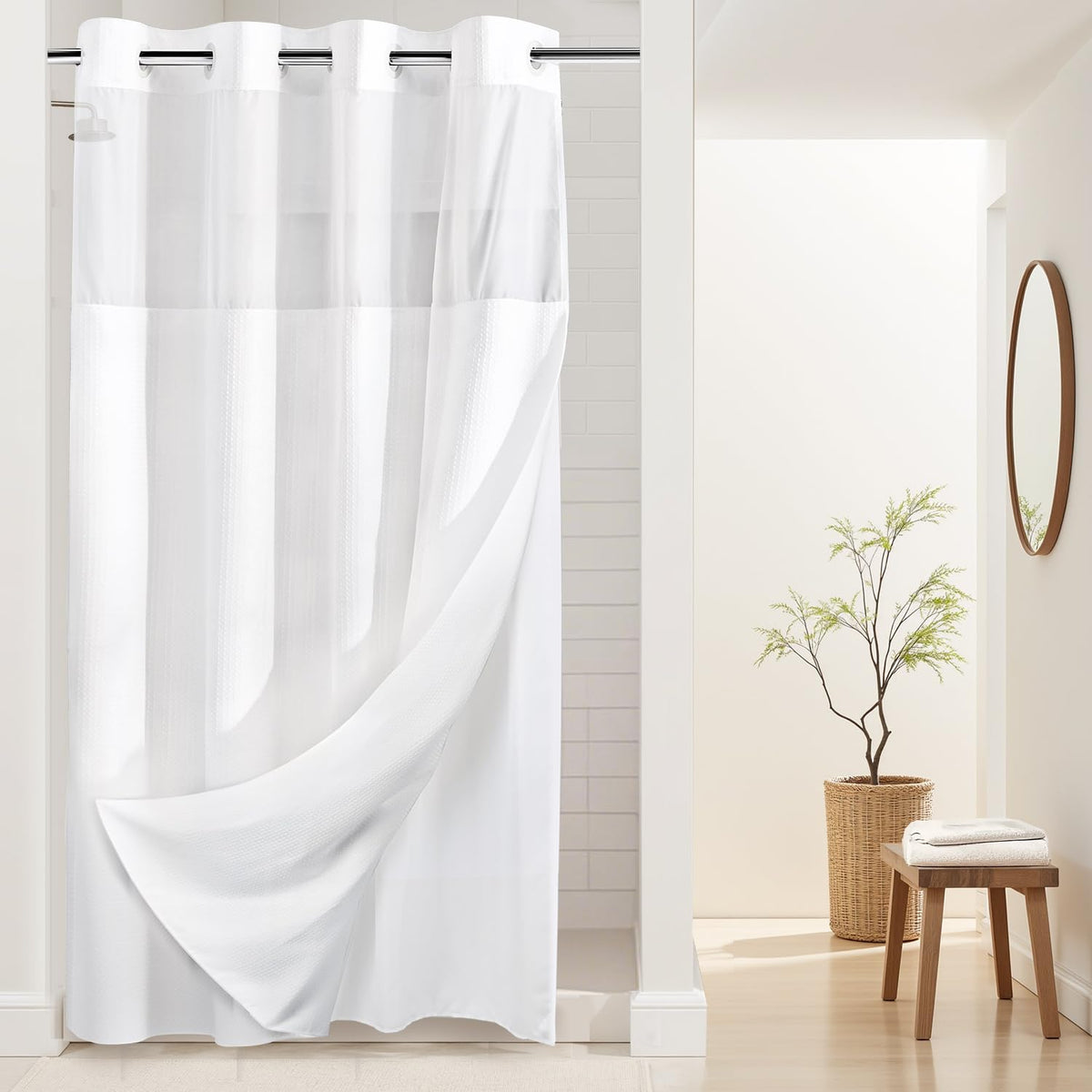 RiverDream Heavyweight Waffle No Hook Shower Curtain with Liner,White,71x74