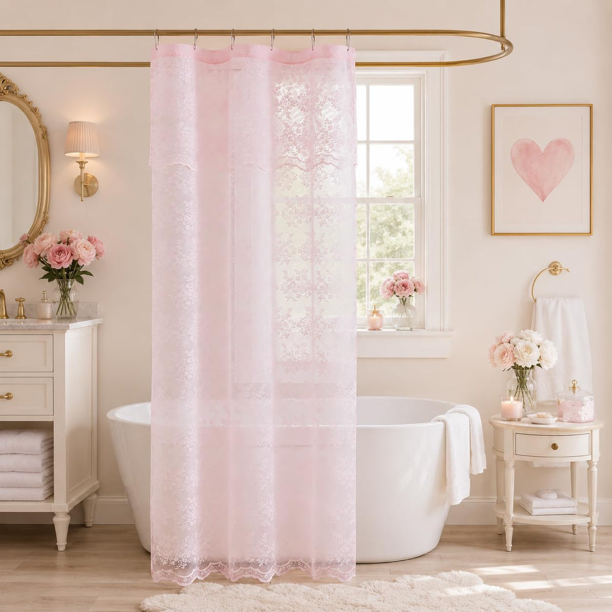 TUDECO Pink Lace Shower Curtain with Attached Valance, 72x72 Inch, 1 Panel