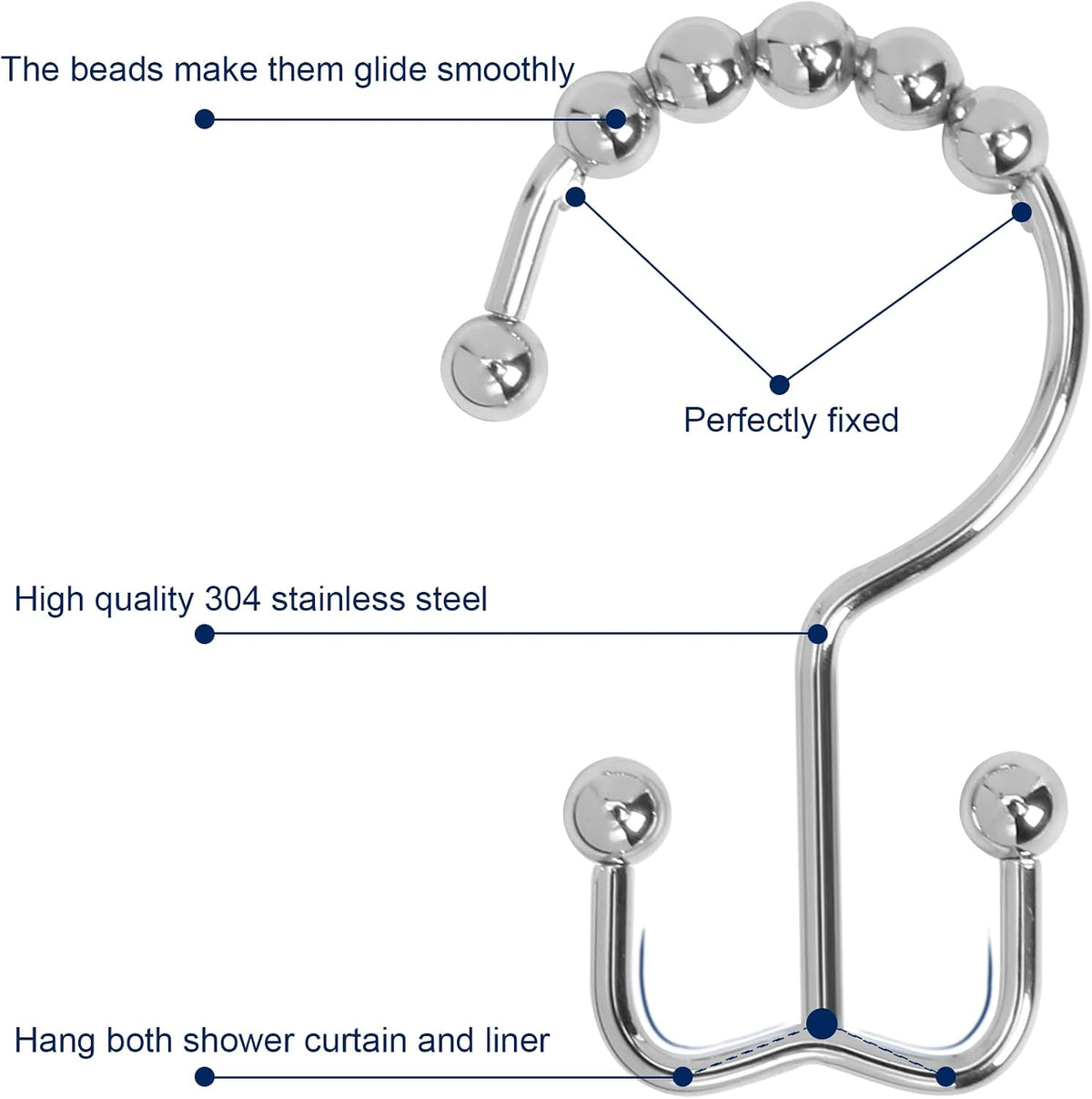 Gidse Shower Curtain Hooks,Sturdy Stainless Steel Double Sided Shower Hooks Rings for Bathroom Shower Curtain Rods Curtains Set of 12 Hooks - Chrome