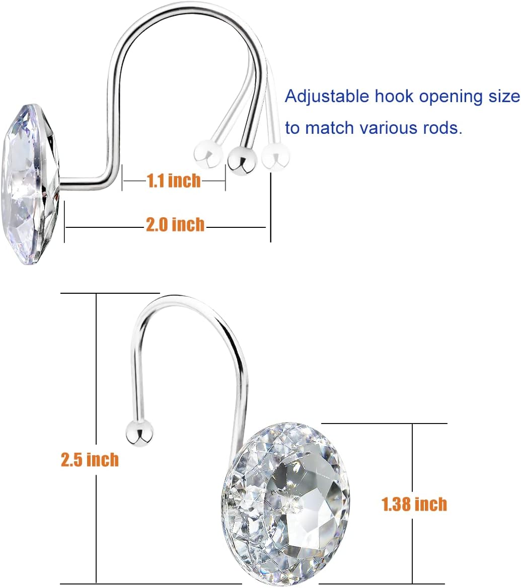 12PCS Shower Curtain Hooks Rings for Bathroom, Stainless Steel Metal Crystal Rhinestones Bling Rust Proof Shower Curtain Rings Hangers for Shower Curtain Decorative, Round Heavy Duty Hooks (Clear)
