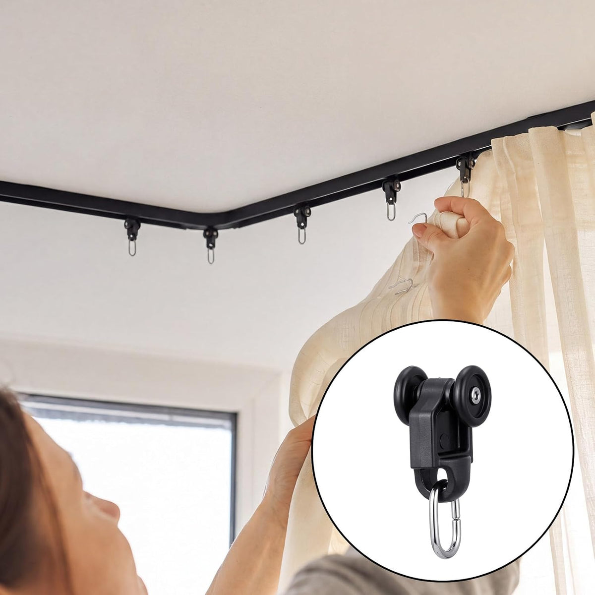 Sieral 50 Pcs Curtain Track Rollers Hooks Plastic Mute Wheel Rollers, Black