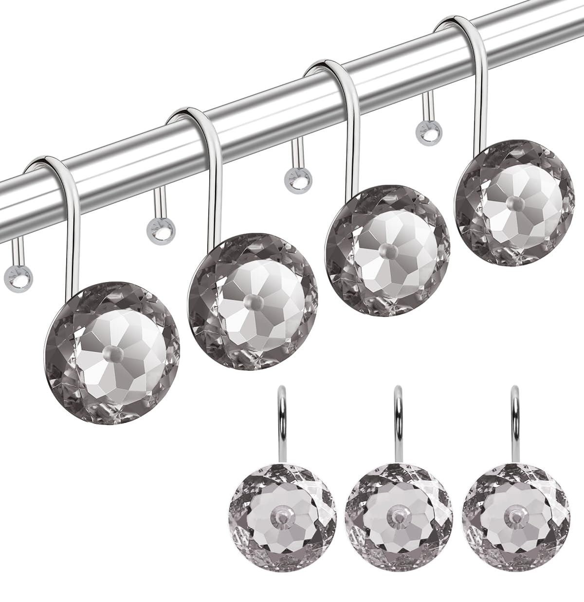 12PCS Shower Curtain Hooks Rings for Bathroom, Stainless Steel Metal Crystal Rhinestones Bling Rust Proof Shower Curtain Rings Hangers for Shower Curtain Decorative, Round Heavy Duty Hooks (Clear)