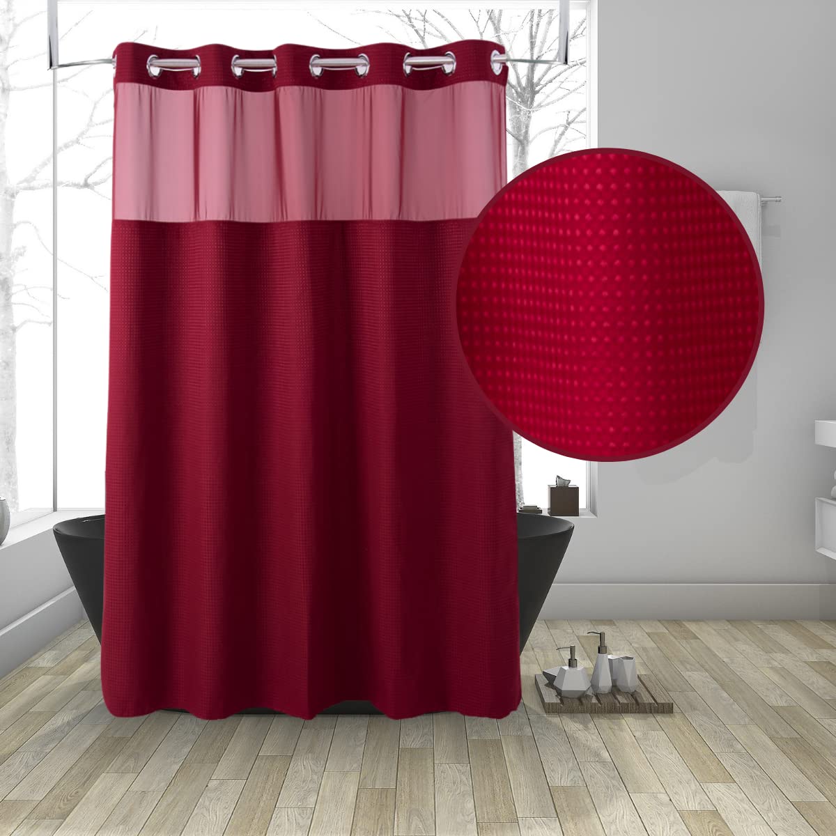 71“W x74”H Heavy Fabric Hook Free Shower Curtain with Polyester Magnet Snap-in Liner–Top See Through with Mesh Window Light Beige