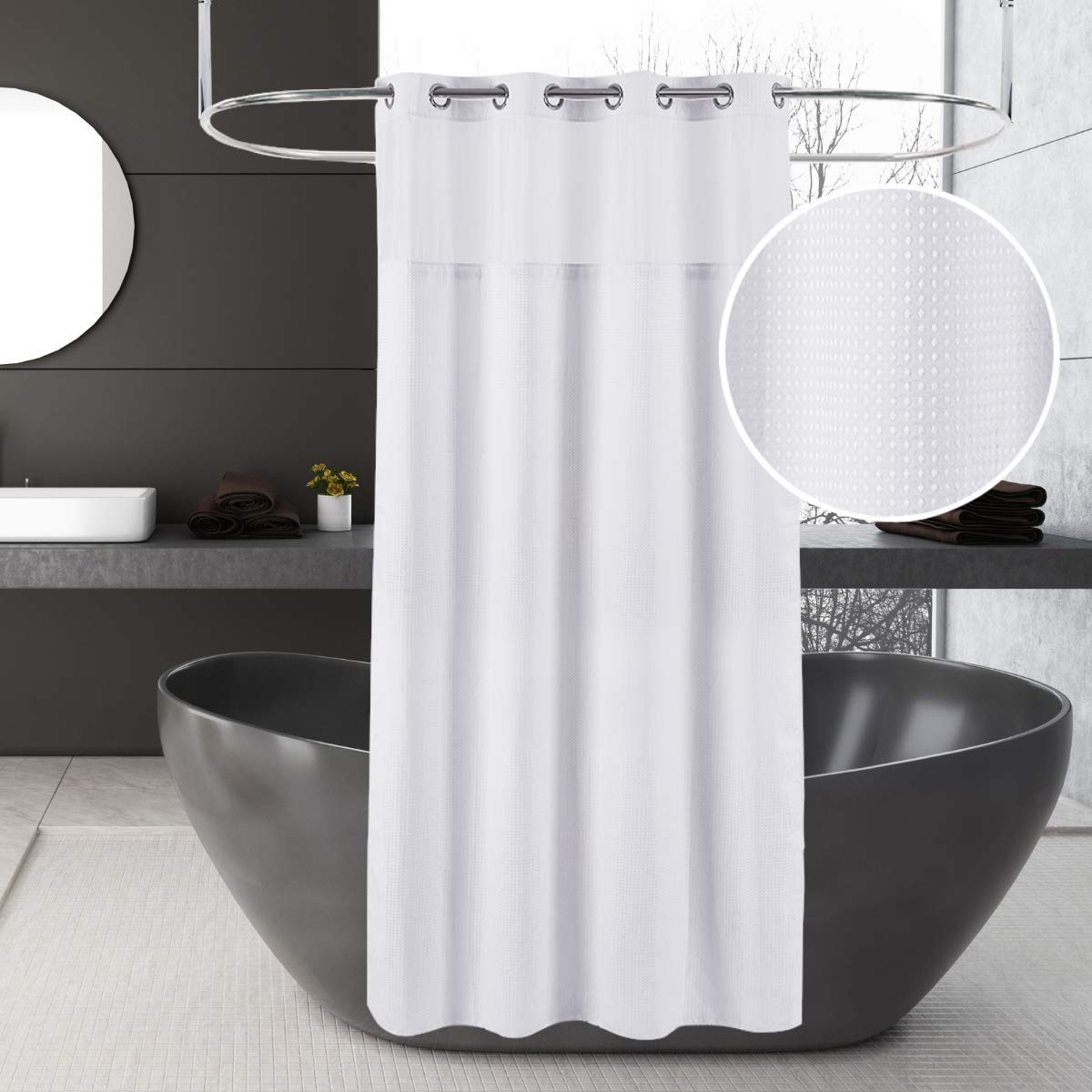 71“W x74”H Heavy Fabric Hook Free Shower Curtain with Polyester Magnet Snap-in Liner–Top See Through with Mesh Window Light Beige