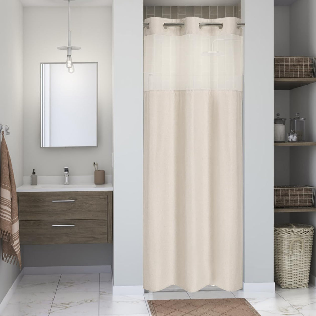 Eachope No Hooks Polyester Textured Shower Curtain with Snap-in Fabric Liner Set, Hotel Luxury Decor Shower Curtains for Bathroom with See Through Top Window, Waterproof & Washable, 71Wx74H, Cream
