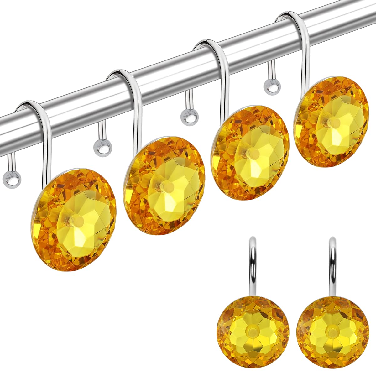 12PCS Shower Curtain Hooks Rings for Bathroom, Stainless Steel Metal Crystal Rhinestones Bling Rust Proof Shower Curtain Rings Hangers for Shower Curtain Decorative, Round Heavy Duty Hooks (Clear)