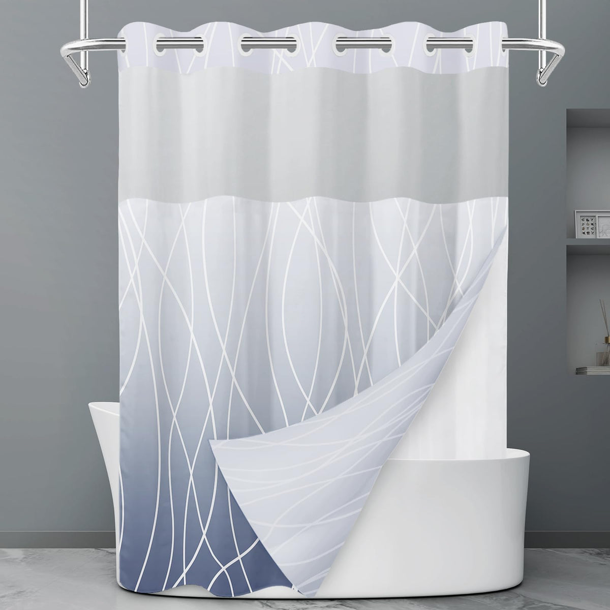 LXBNI Ringless Shower Curtain with Snap-in Liner, Gray White, 71 x 74 Inch
