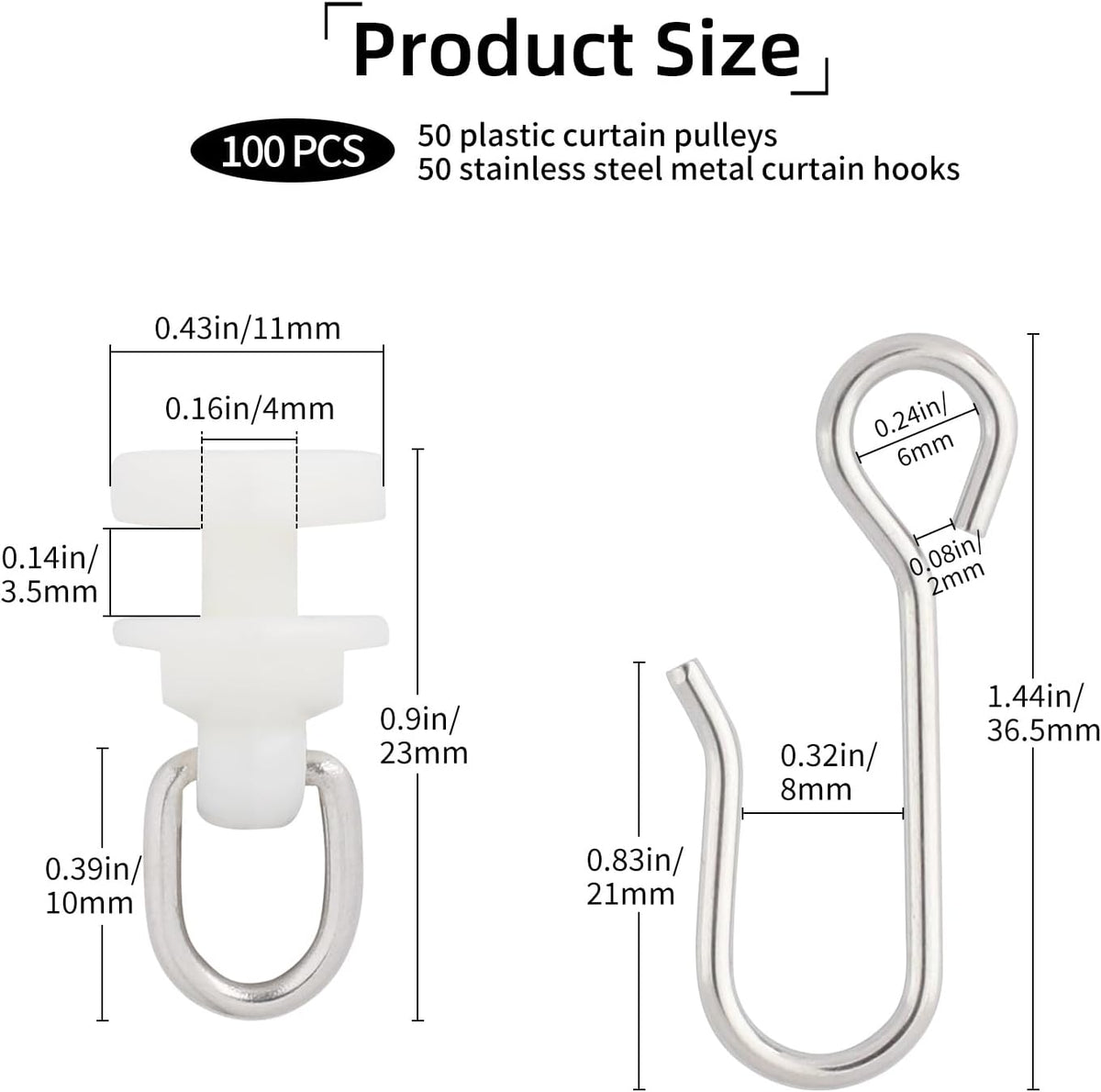 100 Pcs Curtain Track Gliders Hooks, 50 Pcs Plastic Curtain Track Glider and 50 Pcs Metal Curtain Track Hooks S Shaped for Shower Curtain, Curtain Track Rollers for Bendable Curtain Track Pulley