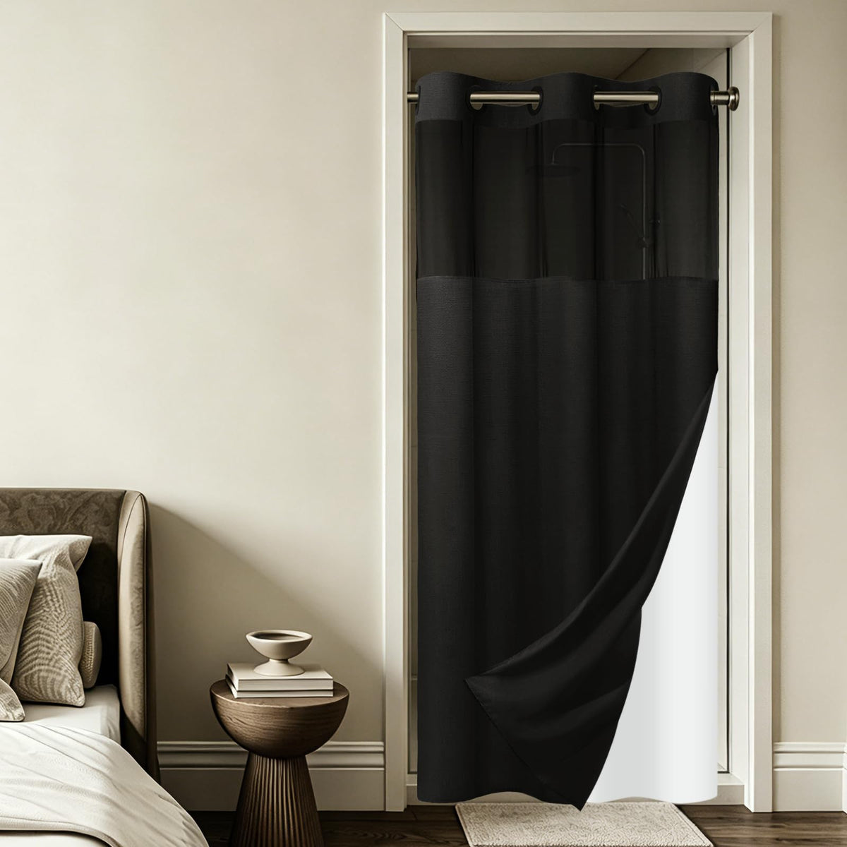 SORTTO Ringless Slub Shower Curtain with Snap in Liner, 71x74, Black