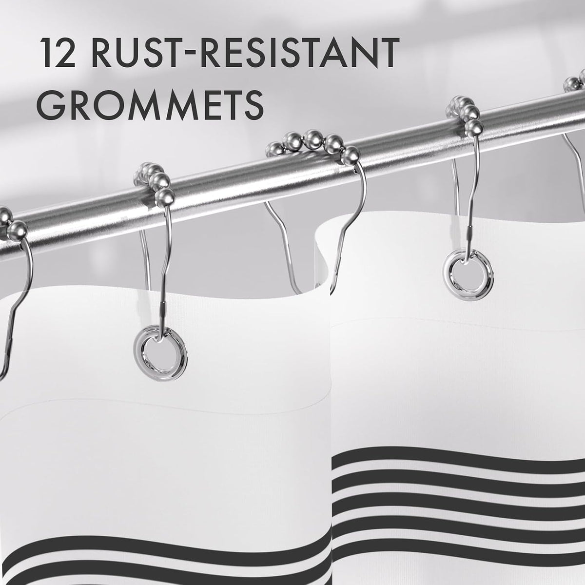 AmazerBath Shower Curtain, Washable Cloth Black Shower Curtain Sets with 12 Shower Curtain Hooks, Fabric Rustic Black and White Striped Curtain, Farmhouse Bathroom Curtains, 72x72 Inches