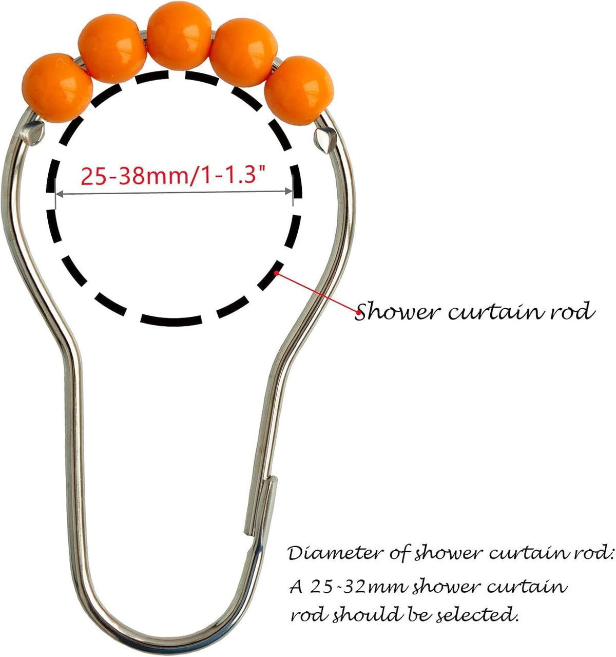 Orange Shower Curtain Hooks Stainless Steel Acrylic Balls (12pcs)
