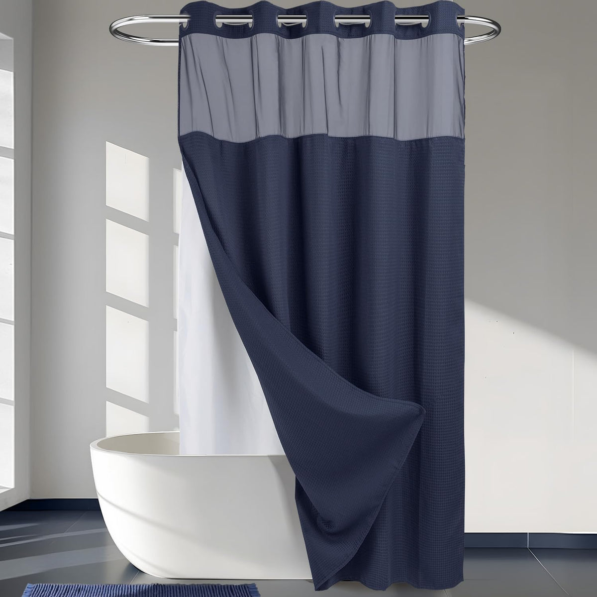 RiverDream Heavyweight Waffle No Hook Shower Curtain with Liner,White,71x74