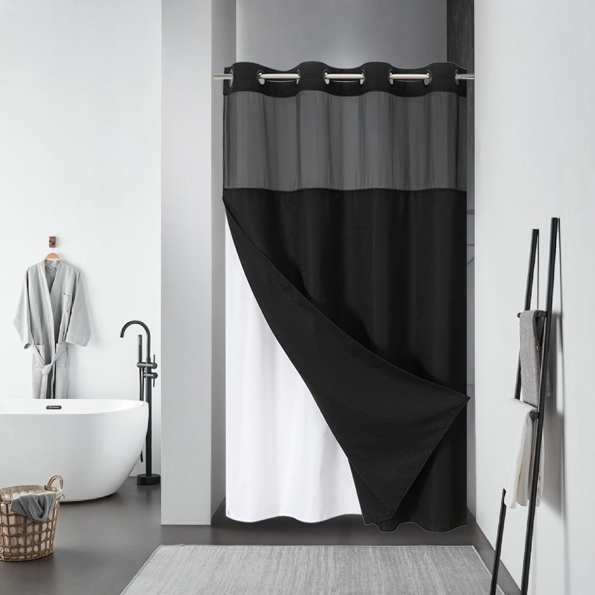 eachope No Hook Waffle Shower Curtain with Snap-in Liner, 71x74 Inch, Grey
