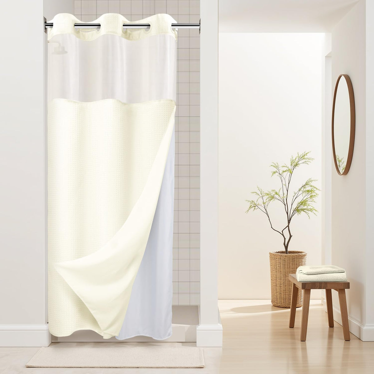 RiverDream Heavyweight Waffle No Hook Shower Curtain with Liner,White,71x74