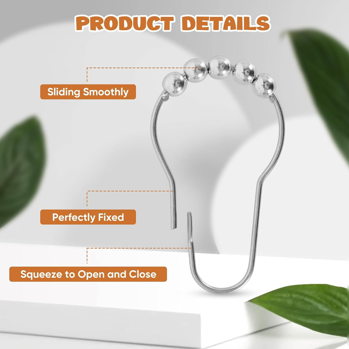 12 Shower Curtain Hooks, Rust-Resistant/Stainless Steel Material