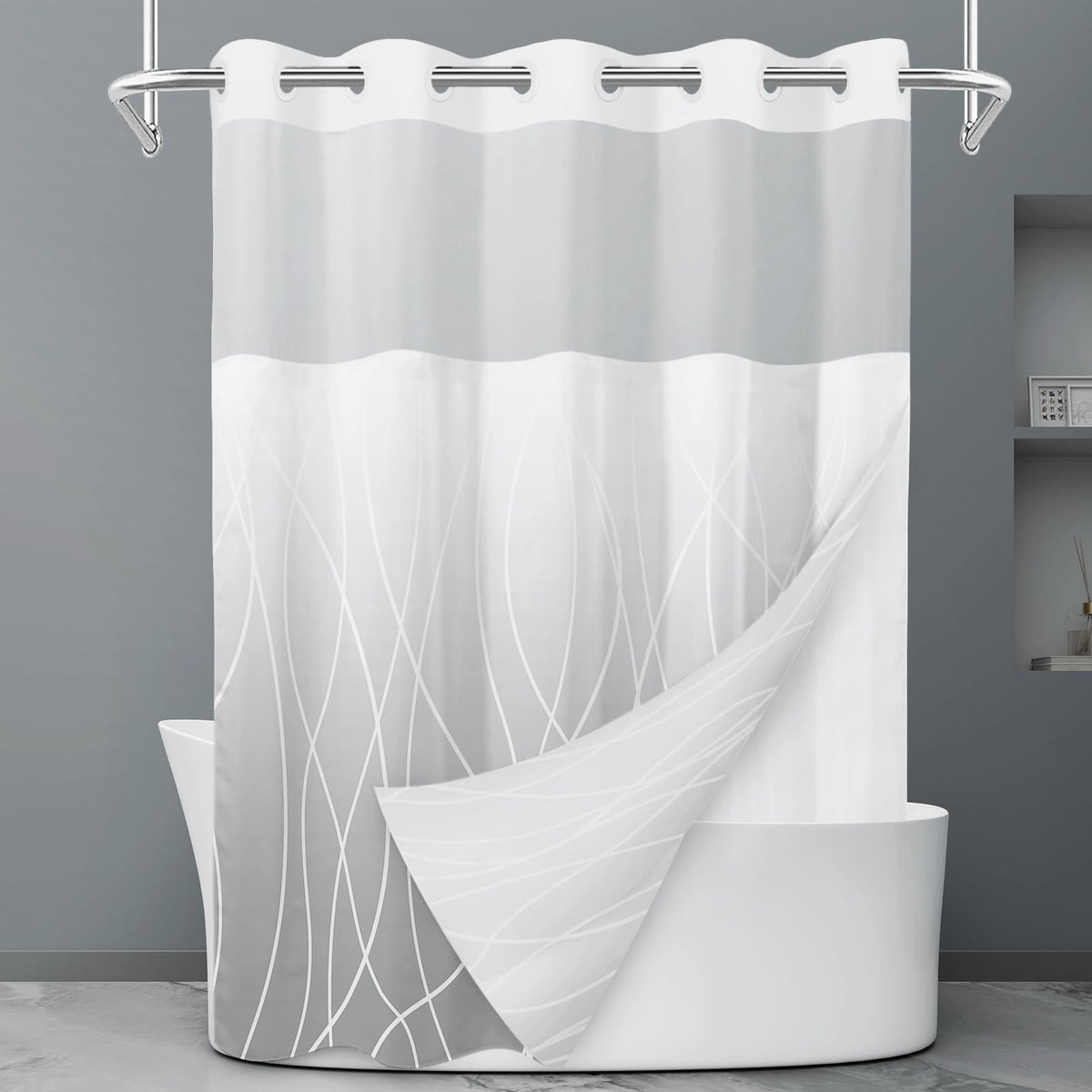 LXBNI Ringless Shower Curtain with Snap-in Liner, Gray White, 71 x 74 Inch