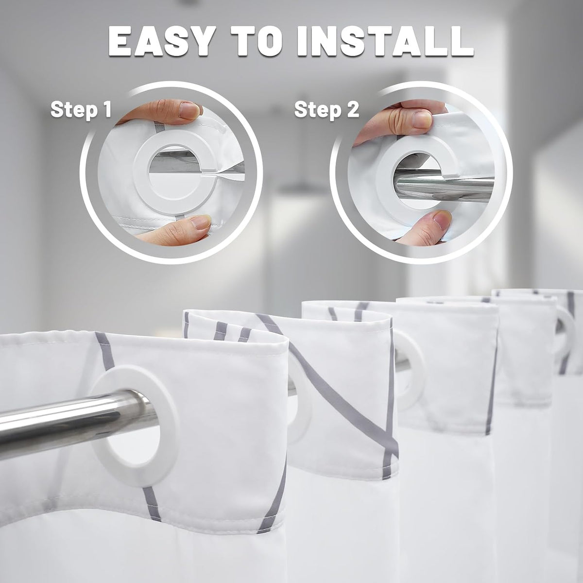 LXBNI Ringless Shower Curtain with Snap-in Liner, Gray White, 71 x 74 Inch
