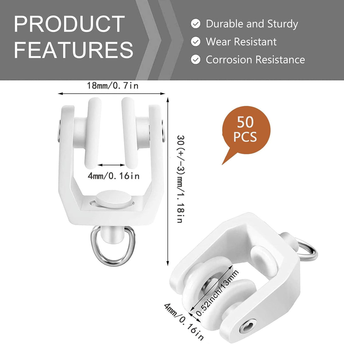 50 Pcs White Plastic Curtain Track Rollers (11mm) with Hooks, Bendable Drapery Rail Gliders for Ceiling/Shower/Window, Bulk Curtain Clips