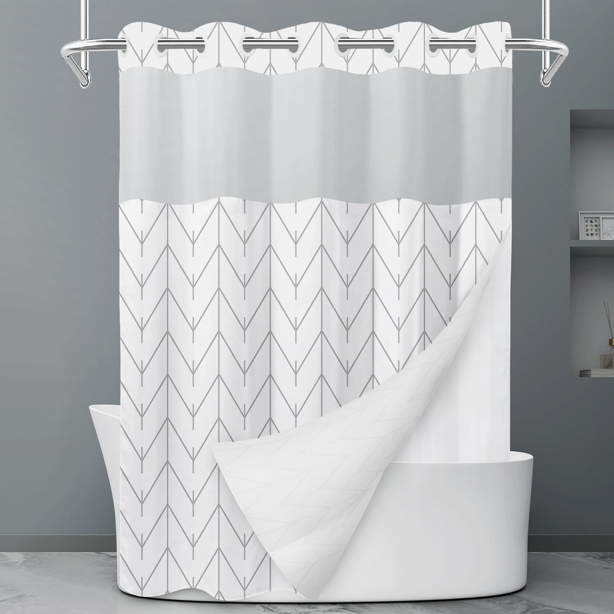 LXBNI Ringless Shower Curtain with Snap-in Liner, Gray White, 71 x 74 Inch