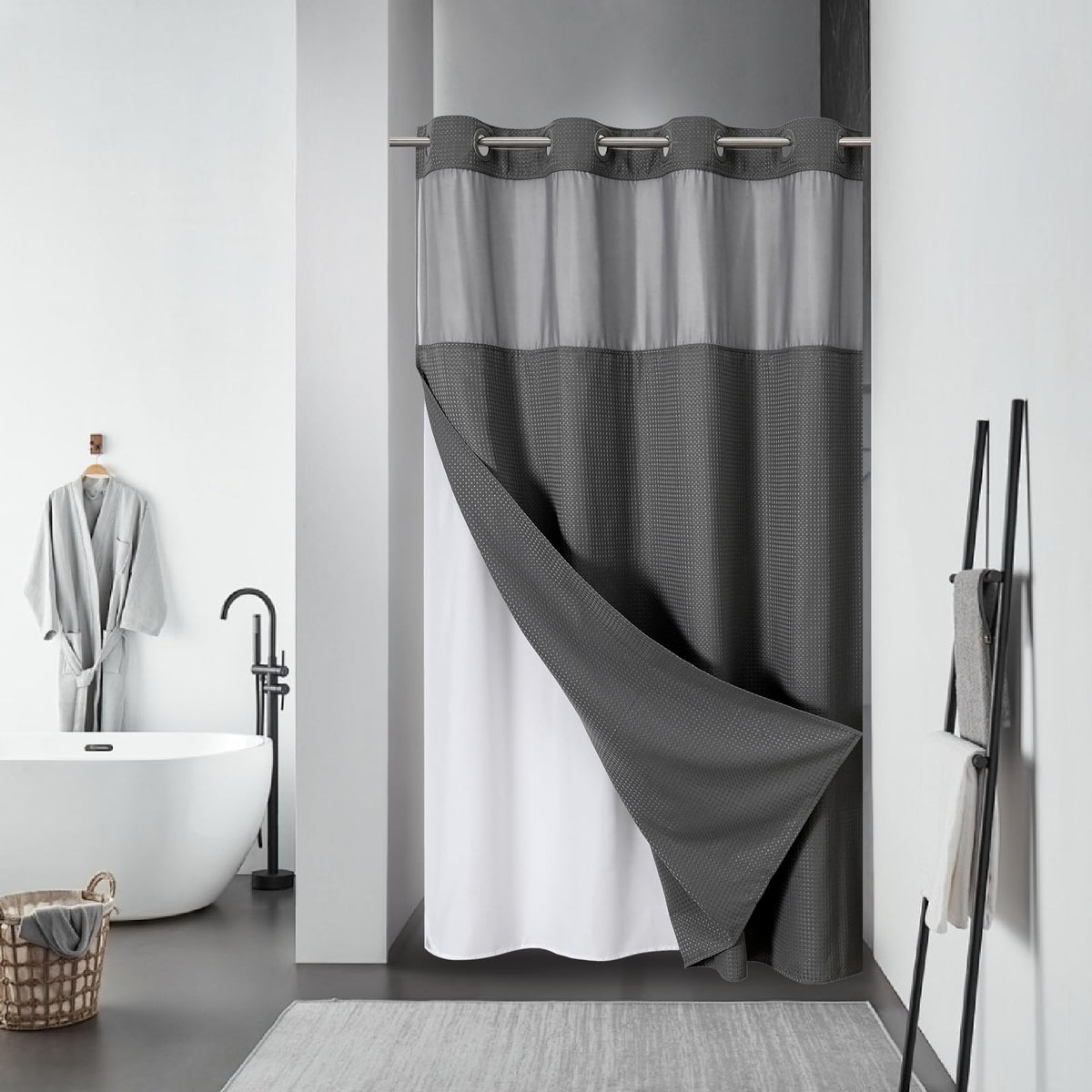 eachope No Hook Waffle Shower Curtain with Snap-in Liner, 71x74 Inch, Grey