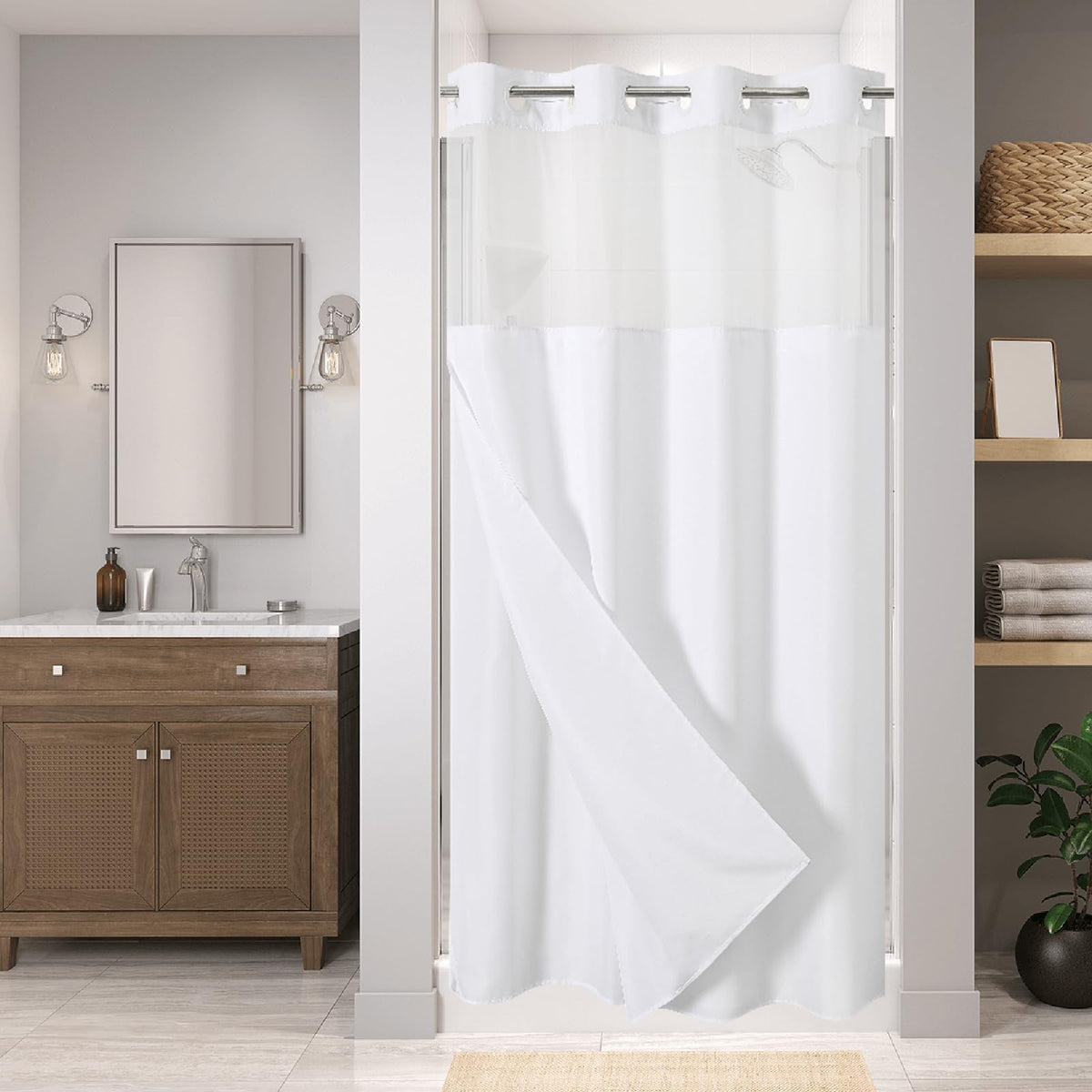 Eachope No Hooks Polyester Textured Shower Curtain with Snap-in Fabric Liner Set, Hotel Luxury Decor Shower Curtains for Bathroom with See Through Top Window, Waterproof & Washable, 71Wx74H, Cream