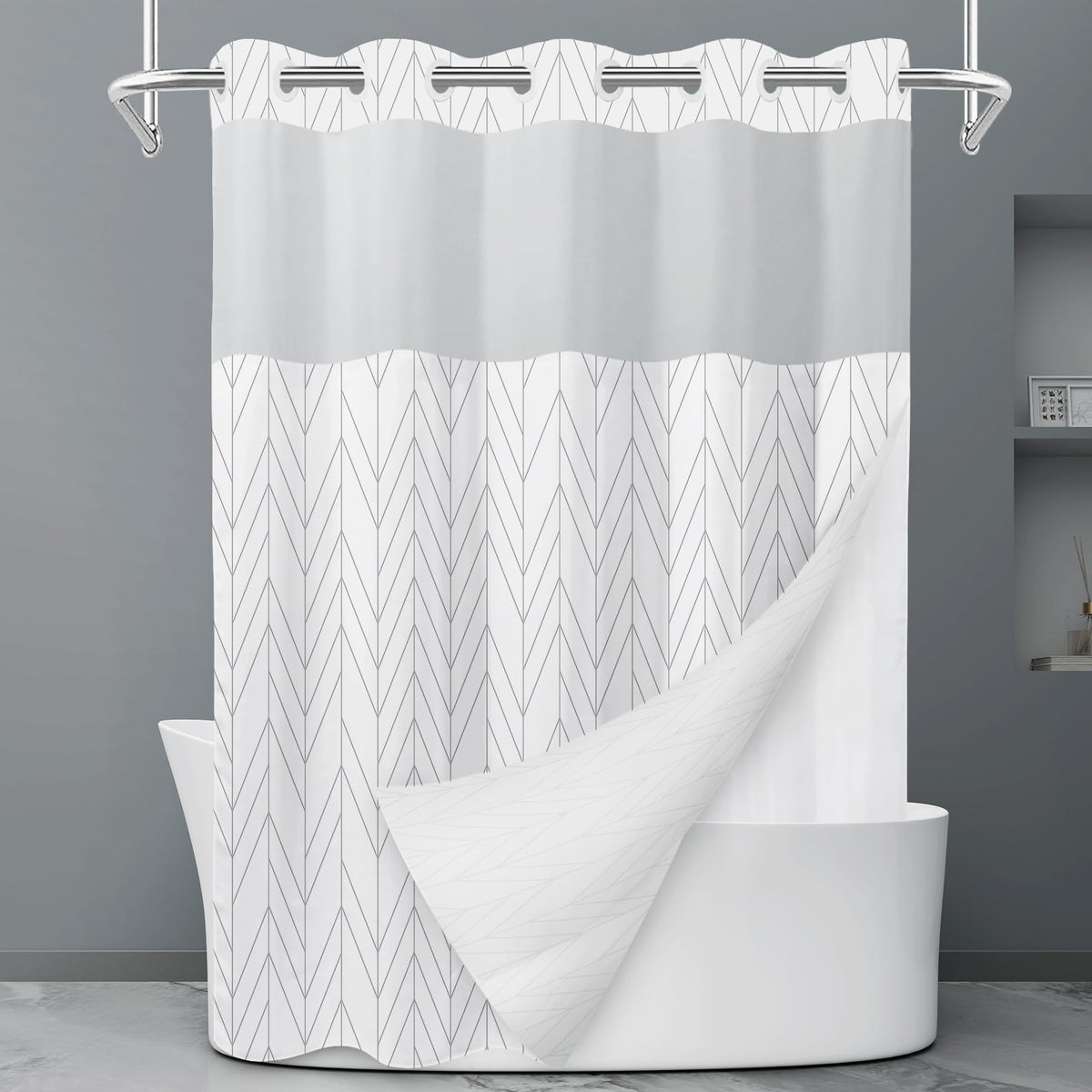 LXBNI Ringless Shower Curtain with Snap-in Liner, Gray White, 71 x 74 Inch