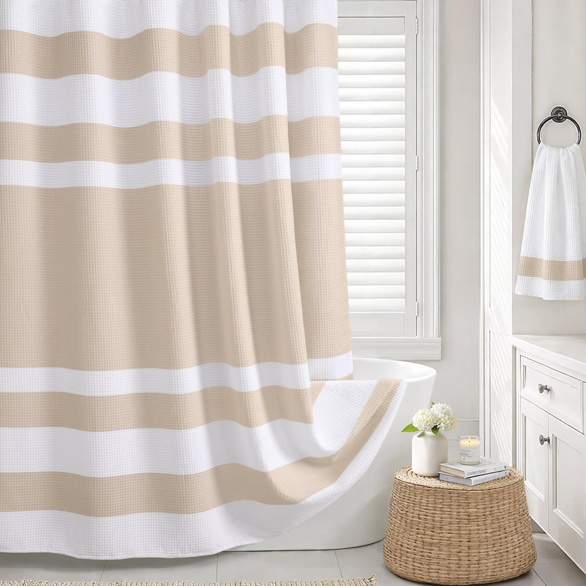 White Waffle Weave Shower Curtain Heavyweight Cotton Fabric 72Wx72L