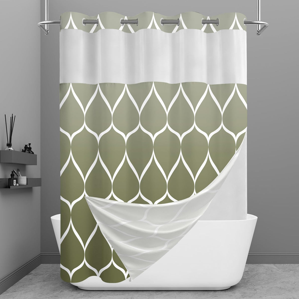 Yiatn Gray Ringless Shower Curtain with Snap-in Liner, 71 x 74 Inch