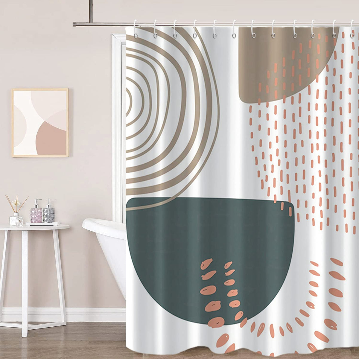 Boho Mid Century Shower Curtain, Modern Abstract with Hooks 72x72