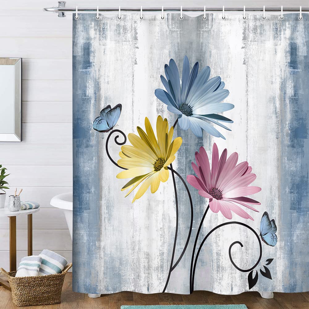 Rustic Farmhouse Shower Curtain, Farm Tan Cream Daisy Floral Flowers and Butterfly on Country Wooden Shower Curtains for Bathroom, Beige Brown Home Decor with 12PCS Hooks, 70X70IN