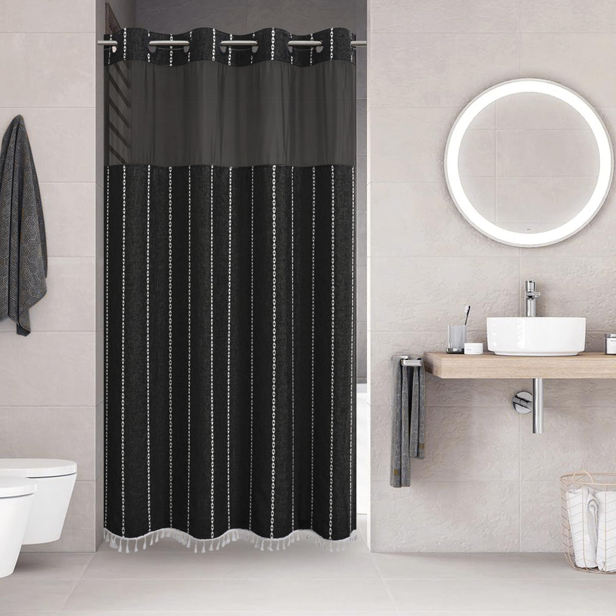 eachope Boho Farmhouse No Hook Shower Curtain Set with Snap-in Fabric Liner,Heavy-Duty Linen Textured Rustic Striped Design,Water-Repellent with Tassels and Sheer Window,Tan/Taupe,71x74
