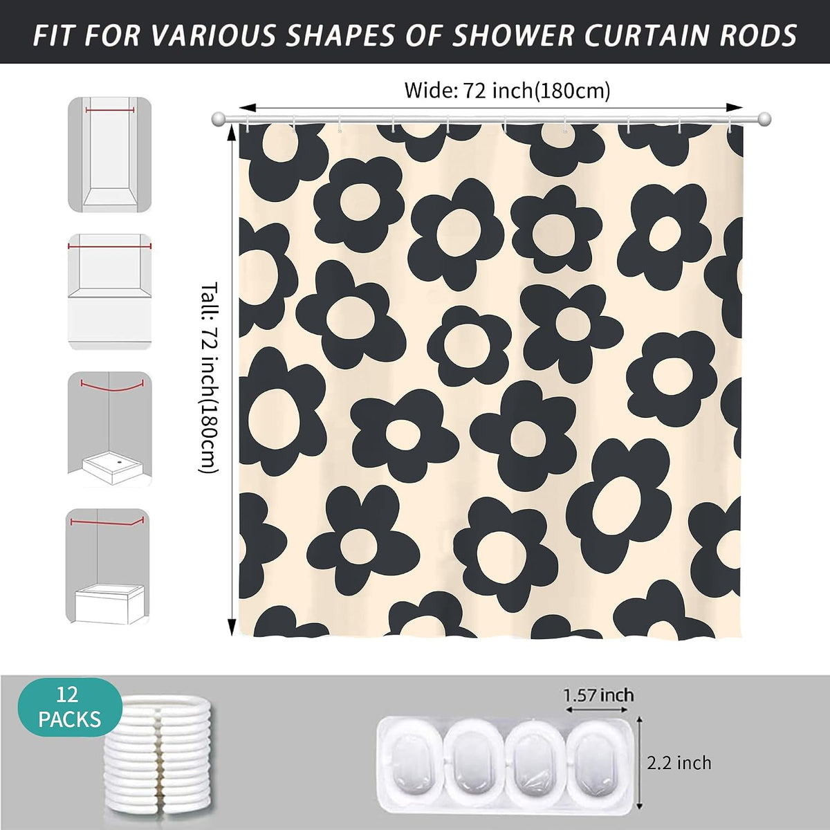 Black Cute Retro Floral Abstract 70s Aesthetic 72W*72H Inch Shower Curtain