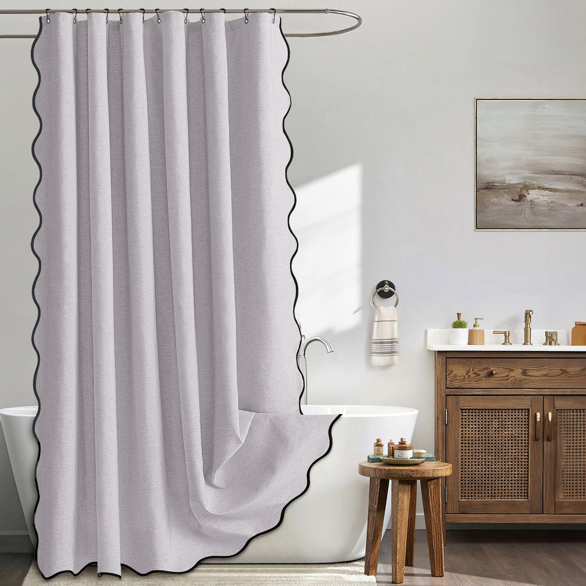 MIULEE Beige Scalloped Shower Curtain Linen Textured with 12 Metal Hooks Cute Heavy Duty Washable Waterproof Neutral Thick Cloth Shower Curtains with Black Border for Bathroom Bathtub,W72*L72 Cream