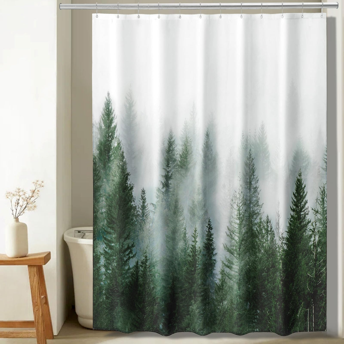 ORTIGIA Black and White Misty Forest Shower Curtain for Bathroom, Nature Woodland Curtain Set with Hooks, Decorative Pine Tree Fog Magic Bath Decor for Home Weighted, 72x72