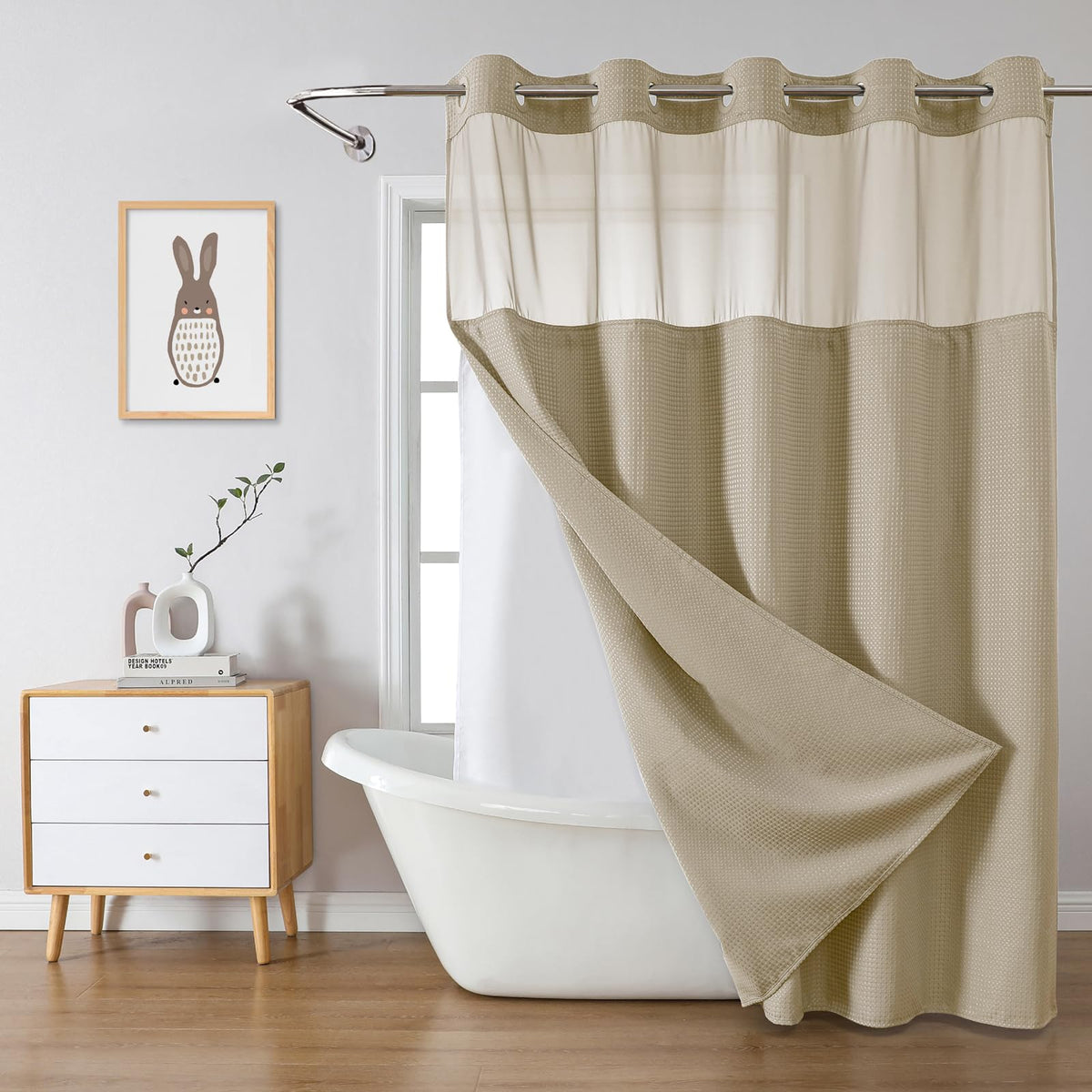 eachope No Hook Waffle Shower Curtain with Snap-in Liner, 71x74 Inch, Grey