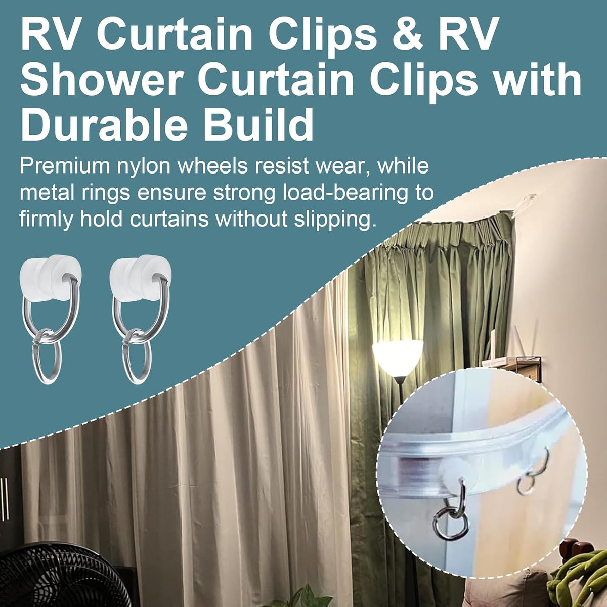 RV Curtain Carrier Rings for RecPro, for I Beam Track Curtain Rod, Nylon Wheels with Metal Ring - 20 Pcs