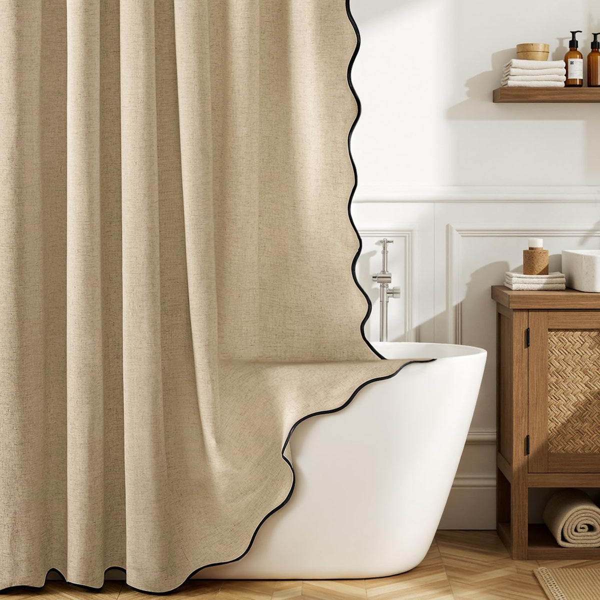 MIULEE Natural Scalloped Linen Shower Curtain 72W x 72L