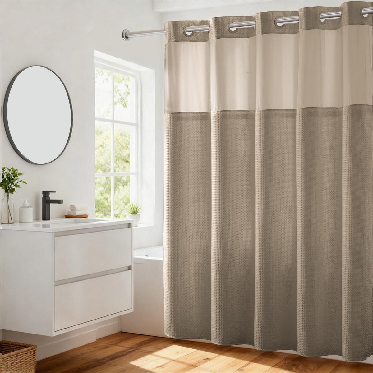 RiverDream Heavyweight Waffle No Hook Shower Curtain with Liner,White,71x74