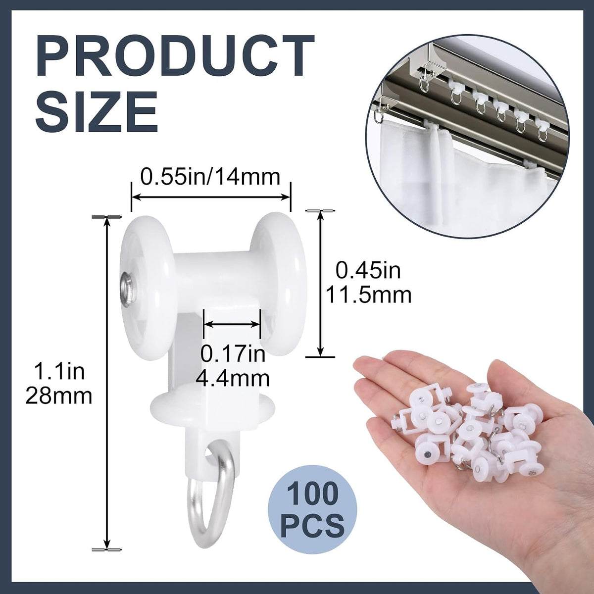 100 Pcs White Curtain Track Rollers, 0.55 Inch Plastic Mute Sliding Ceiling Track Gliders, Drapery Rail Roller Clips with Hooks Replacement for Window Shower Bedroom Curtains