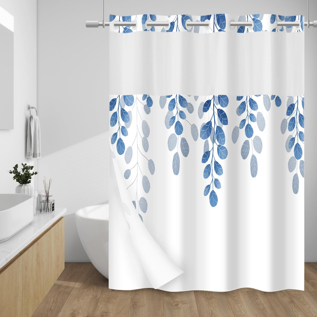 WITHLOC Hook Free Floral Shower Curtain with Liner, Blue Beige, 71x74