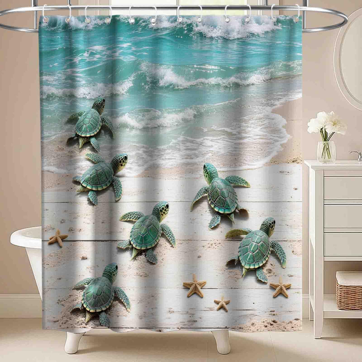 Nautical Green Sea Turtles Beach Theme Fabric Shower Curtain Sets Bathroom Blue Ocean Decor with Grommets and Hooks - 72 x 72 Inch Teal
