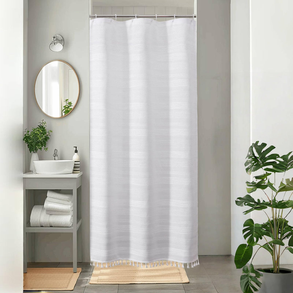 OVZME Natural Linen Shower Curtain for Bathroom, Boho Farmhouse Rustic Striped Shower Curtain with Tassel, Textured Heavy Duty Vintage Country Bathroom Curtain, 72Wx72L Inches