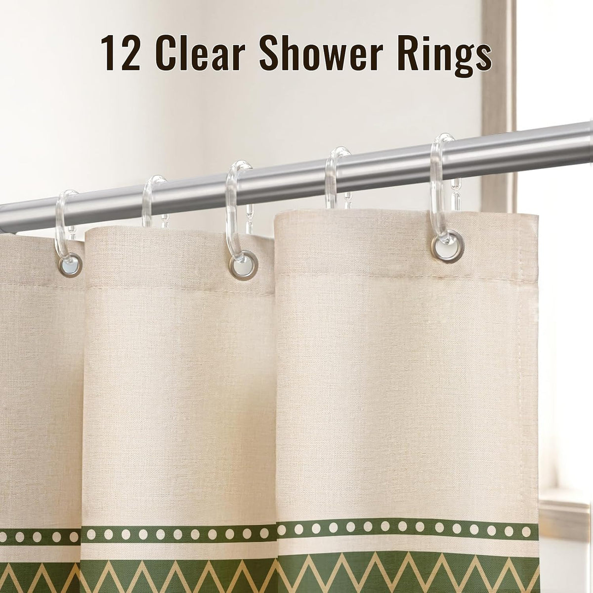 Vintage Green Striped Shower Curtain with 12 Clear Rings - 72" W x 84" L