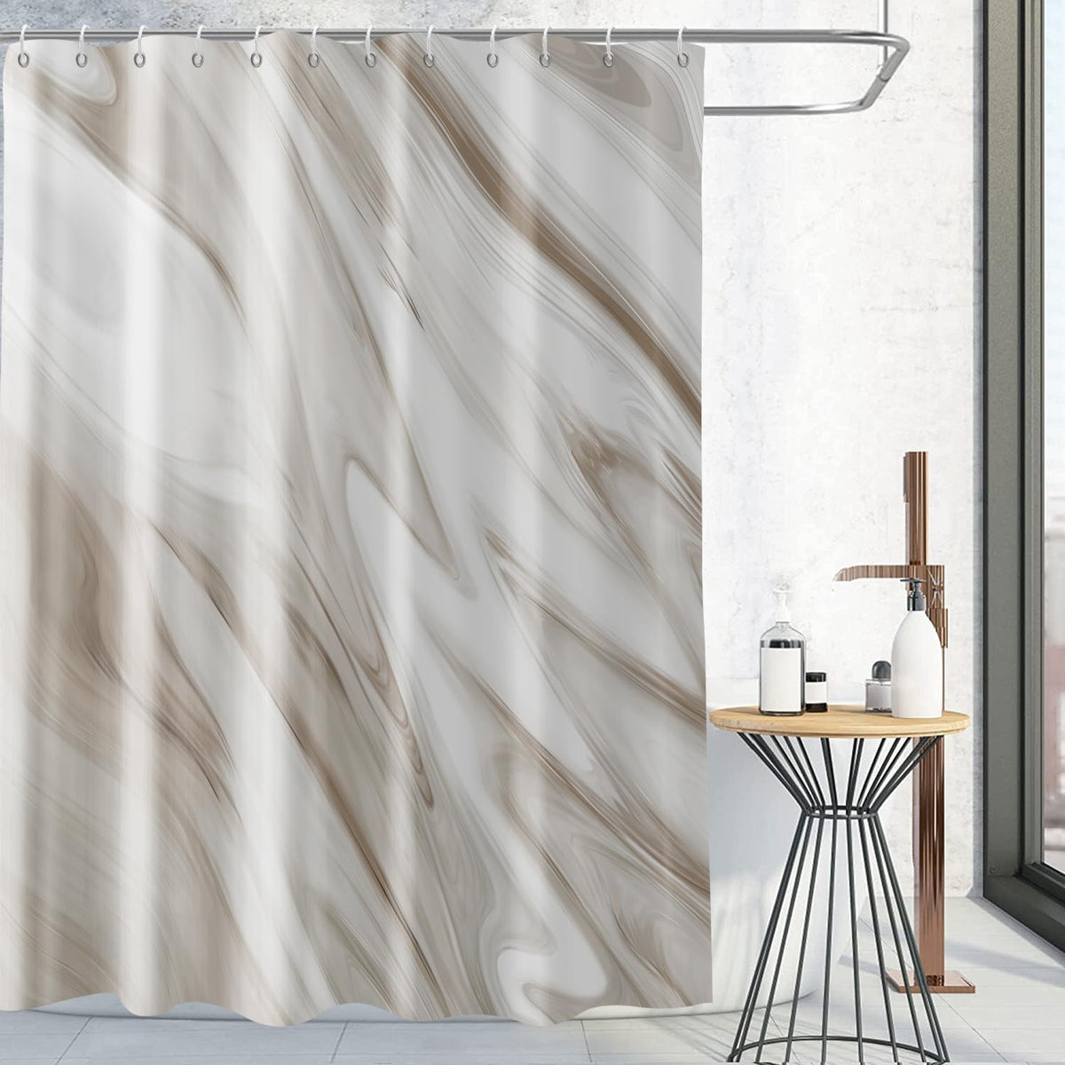 Brown Marble Shower Curtain, Grey Brown Modern Abstract Wave Luxury Bathroom Curtain Bathtub Home Decor Waterproof Fabric Machine Washable with 12 PCS Hooks,72" Wx72 L