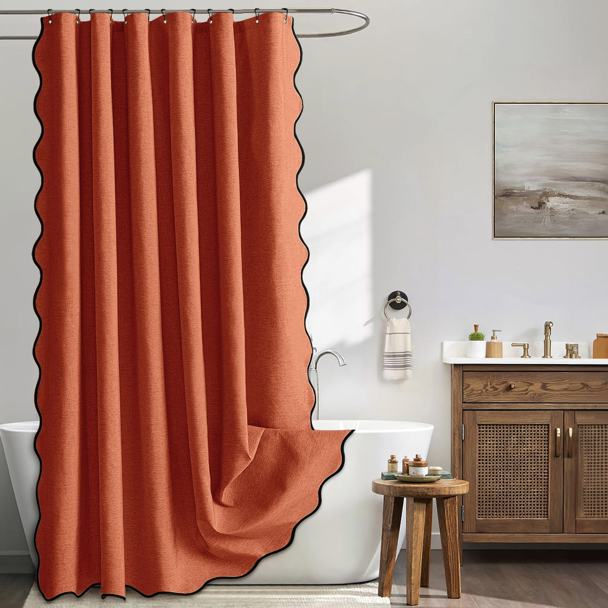 MIULEE Beige Scalloped Shower Curtain Linen Textured with 12 Metal Hooks Cute Heavy Duty Washable Waterproof Neutral Thick Cloth Shower Curtains with Black Border for Bathroom Bathtub,W72*L72 Cream
